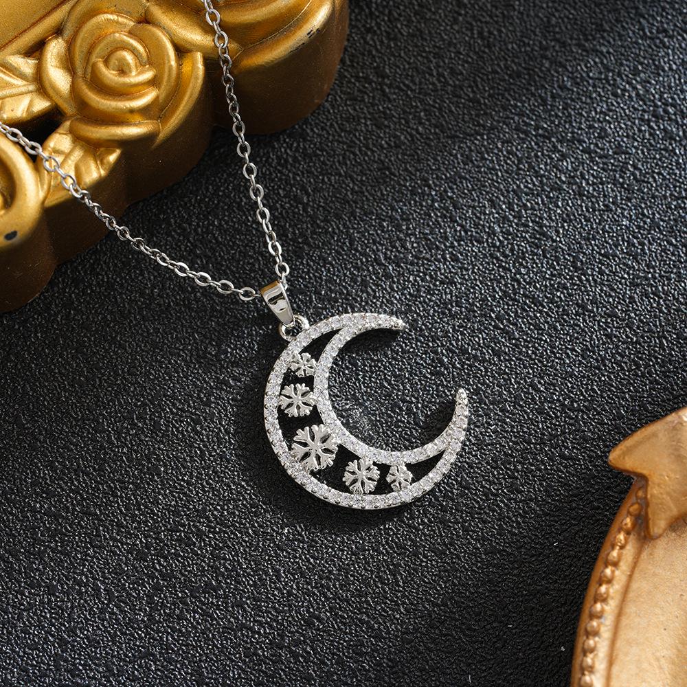 Full Diamond Snowflake Moon Pendant Necklace - Women's Versatile Trendy Clavicle Chain with Japanese Korean Design