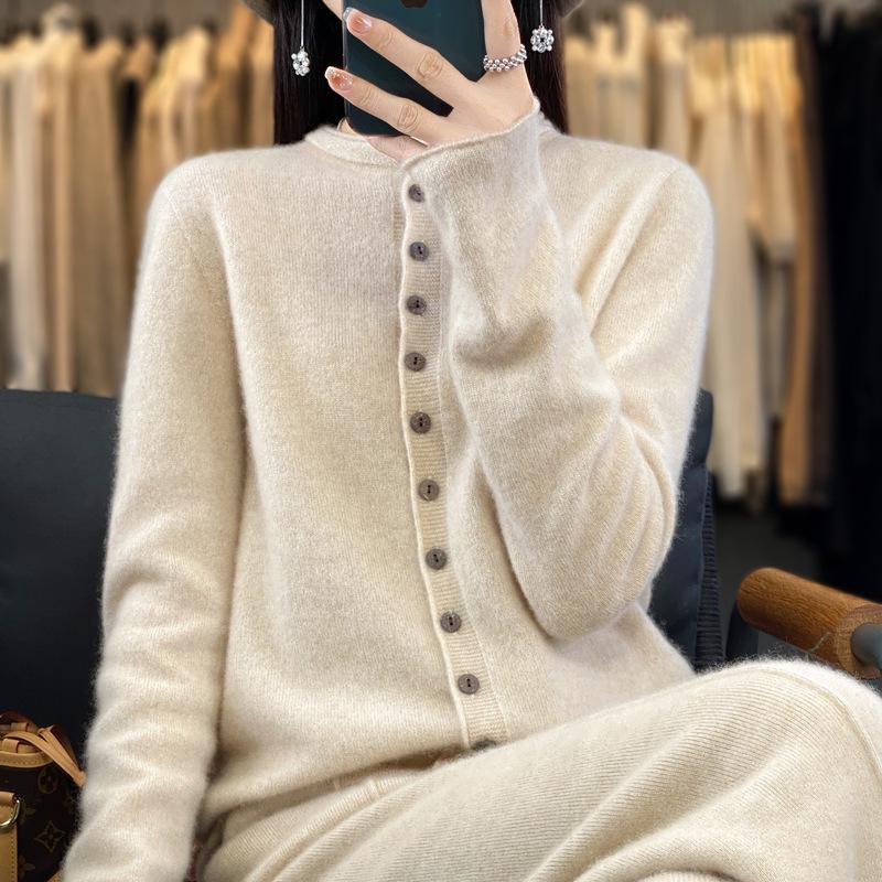 Autumn & Winter Women's Wool Cardigan: Half-High Round Neck, Fashionable Multi-Button, Loose-Fit Knit Base Layer