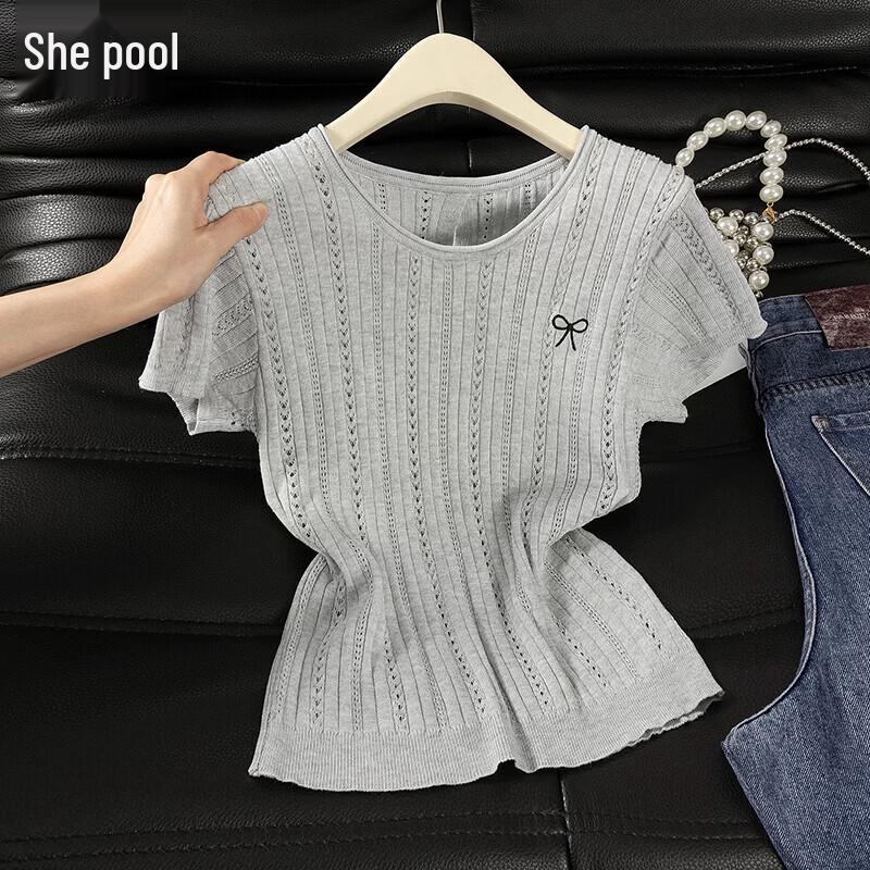 TaChi Women s Ribbed Ice Silk Round Neck Short Sleeve T-shirt with Bow Embroidery S серый