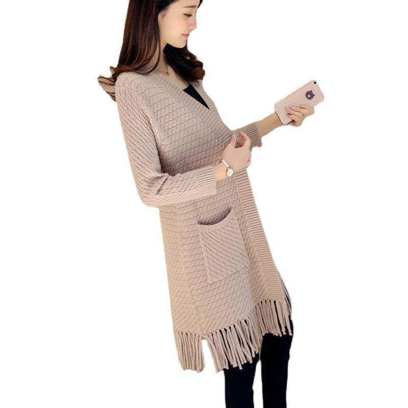Women's Spring and Autumn Cardigan Loose Mid Length Tassel Knit Sweater Women's Cardigan Sweater Jacket