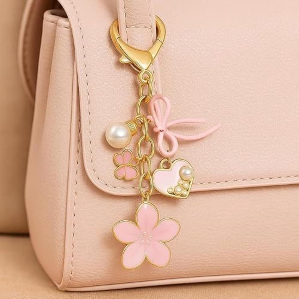 Elegant Zinc Alloy Keychain Heart Shape Pearl Accent Bag Charm Butterfly Shape Enamel Flower Pendant Charm Bag Decoration