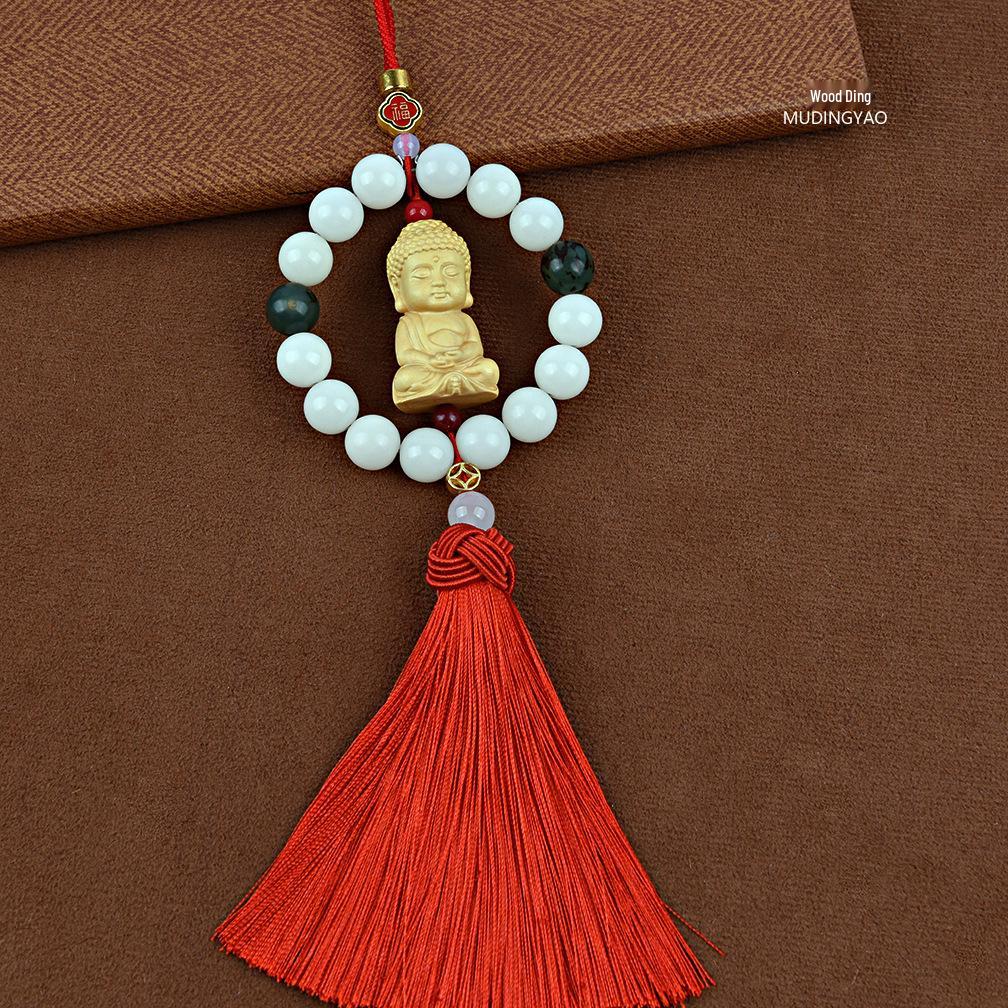 25 Boxwood Small Buddha Car Pendant - High-End White Jade Bodhi Rearview Mirror Ornament for Car Interiors
