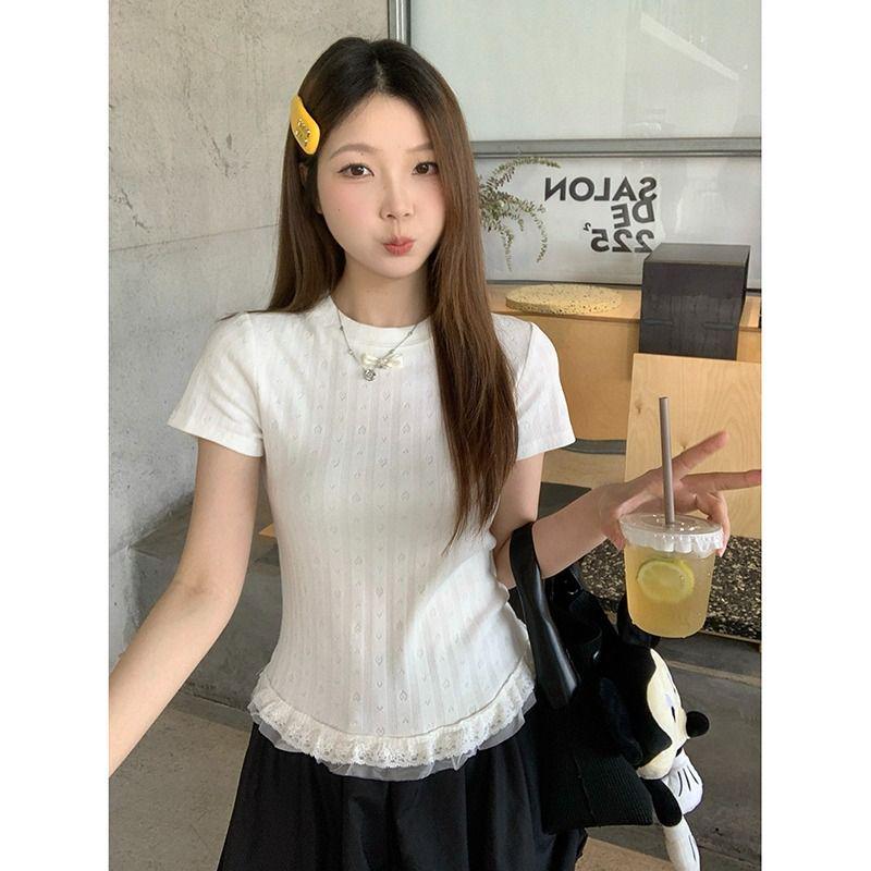 

Женский вязаный трикотаж с короткими рукавами и милой кружевной отделкой пэчворк - Жаккард в виде сердец, Шикарный летний топ, стройнящий фигуру XL