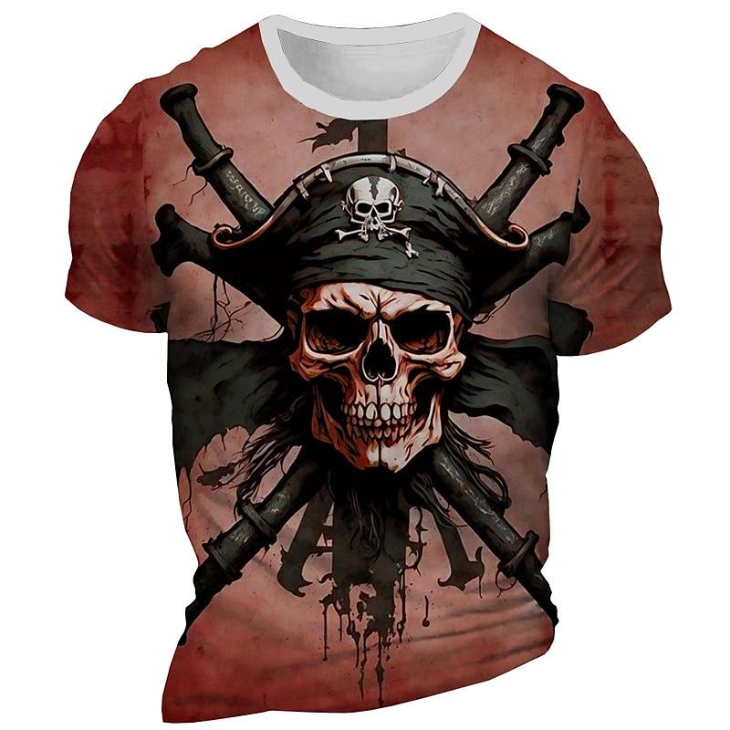 Men's Skeleton Pirate Graphic T-shirt Short Sleeve T Shirt Outdoor 3D Crew Neck Tees Fashion Cool Daily Y2k Tops Summer Clothing
