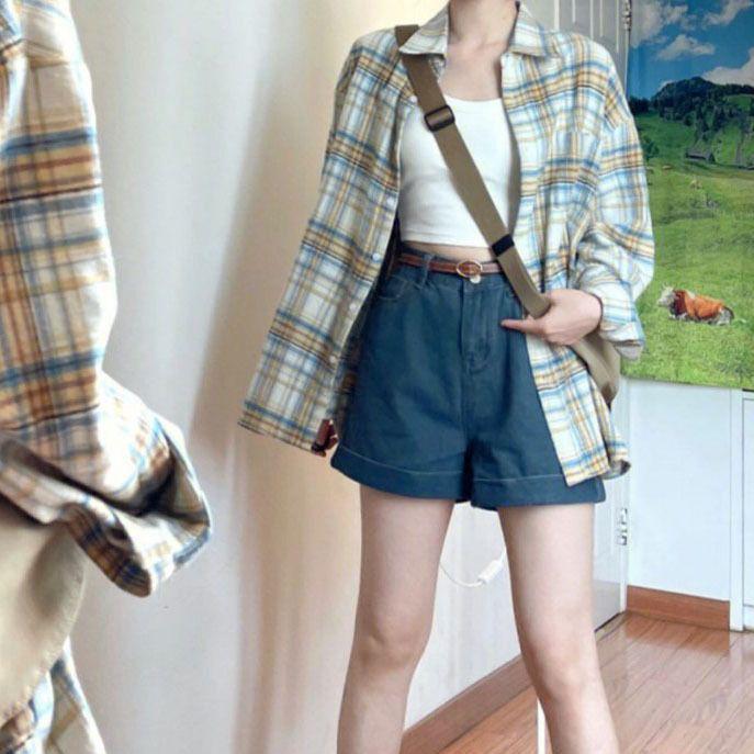 Women's Retro Plaid Long Sleeve Shirt Jacket - French Linen Cotton for Spring and Autumn