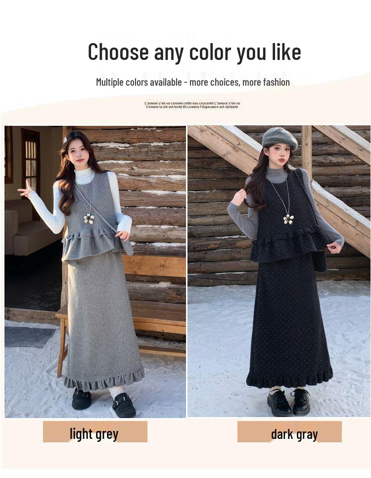 Elegant Retro Polka Dot Three-Piece Set: Vest, Base Layer, Slimming Skirt - Korean Style Autumn/Winter Fashion