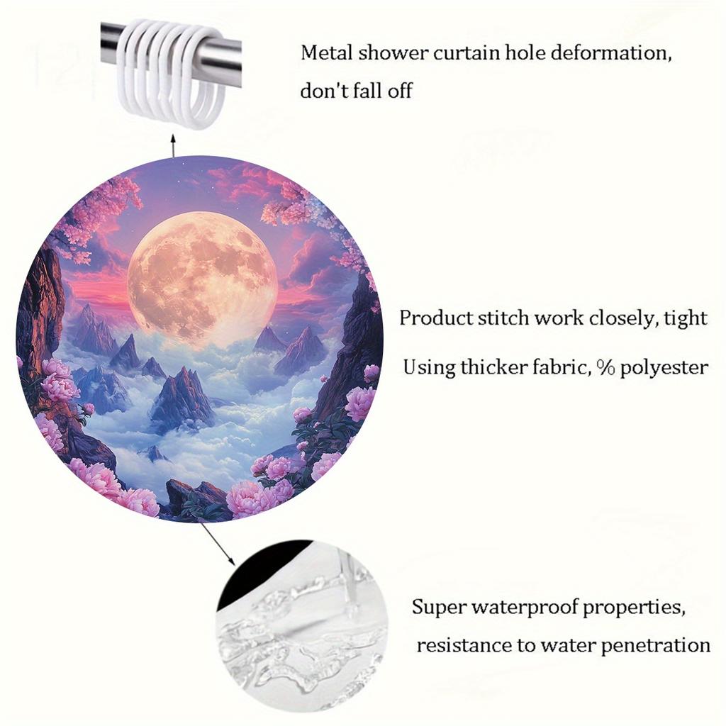1 Pandora Wonder Shower Curtain - Vibrant Moonlight Mountains and Flowers Pattern, Machine Washable, Woven, Bathroom Decor