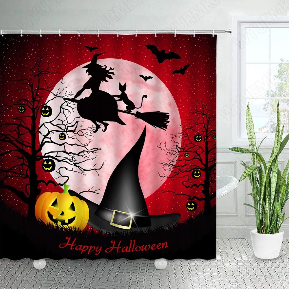 Hororová Halloweenská Sprchová Závěs Zábavná Dýně Čarodějnice Černá Kočka Mrtvý Strom Hrad Noční Scenérie Látka Koupelnová Dekorace Sprchové Závěsy