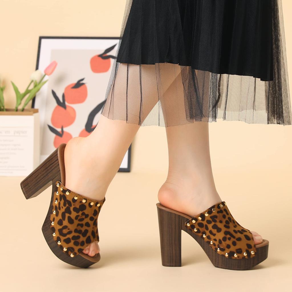 Allegra K Women's Leopard Print Slide Mule Sandals with Thick Soles and Open Toe Platforms, Size 27.5cm