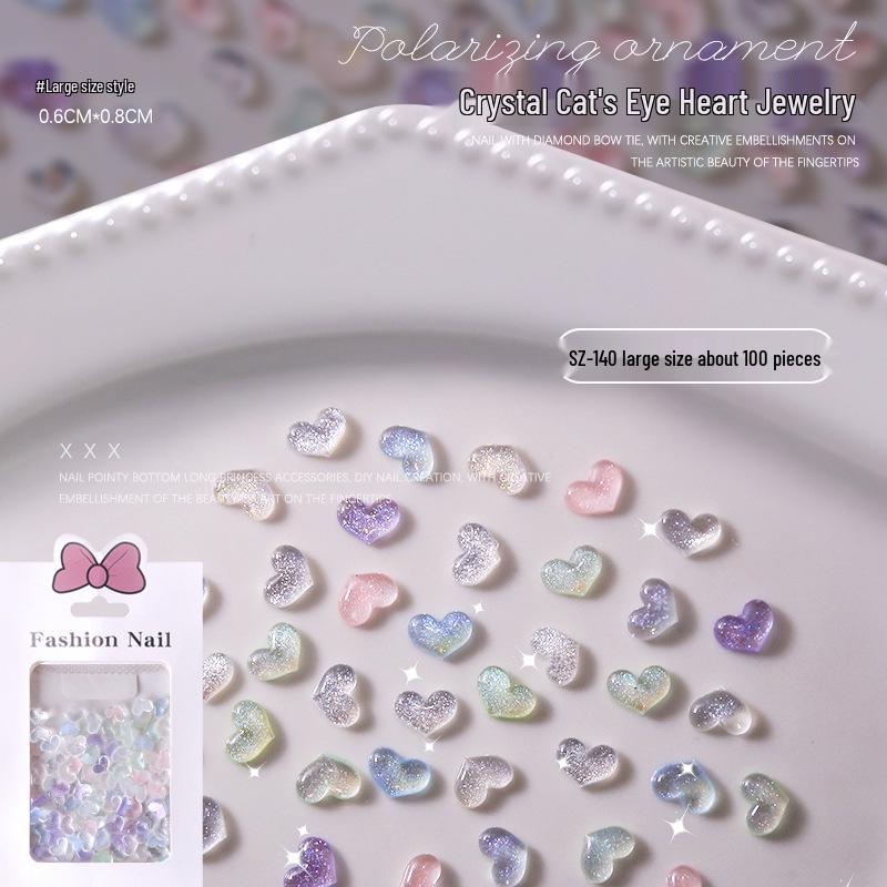 

Heart Rhinestone Nail Art Decorations - Crystal Cat Eye Aurora Glitter, 100 Pieces