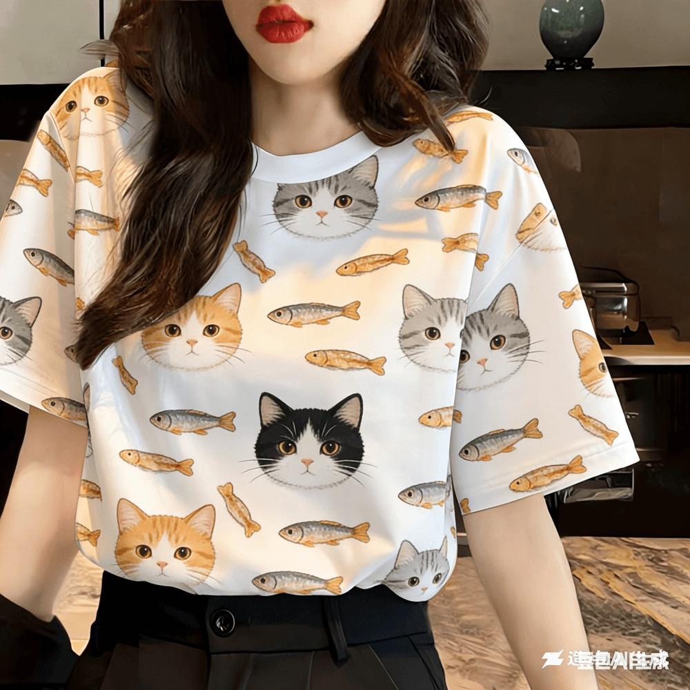 Women s Casual Printed T-shirt - Flower and Cat Pattern | Short Sleeve S