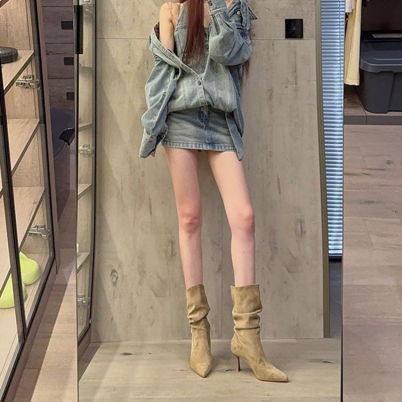 Fashion Suede Pleated Stack Boots Pointed Toe High Heel Skinny Boots Women's Autumn/Winter 2025 Retro Stiletto Mid-Leg Boots