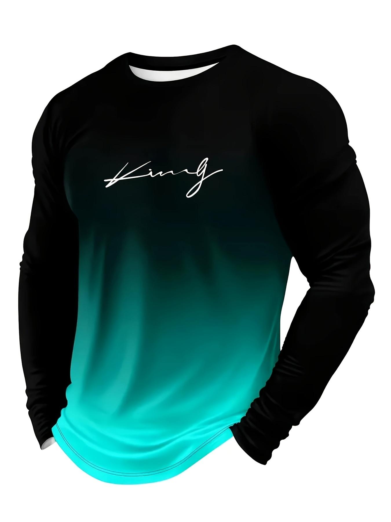 Men s casual long-sleeved T-shirt - gradient color, polyester material, machine washable, crew neck, letter print design S