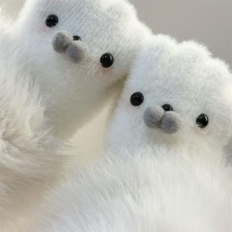 Niedlicher Babyrobben-Schal Schneemann Plüschhandschuhe Winter Warm Kälteabweisende Handschuhe Fünffinger-Mode Trendige Handschuhe Mädchenhafte Weihnachtsgeschenke