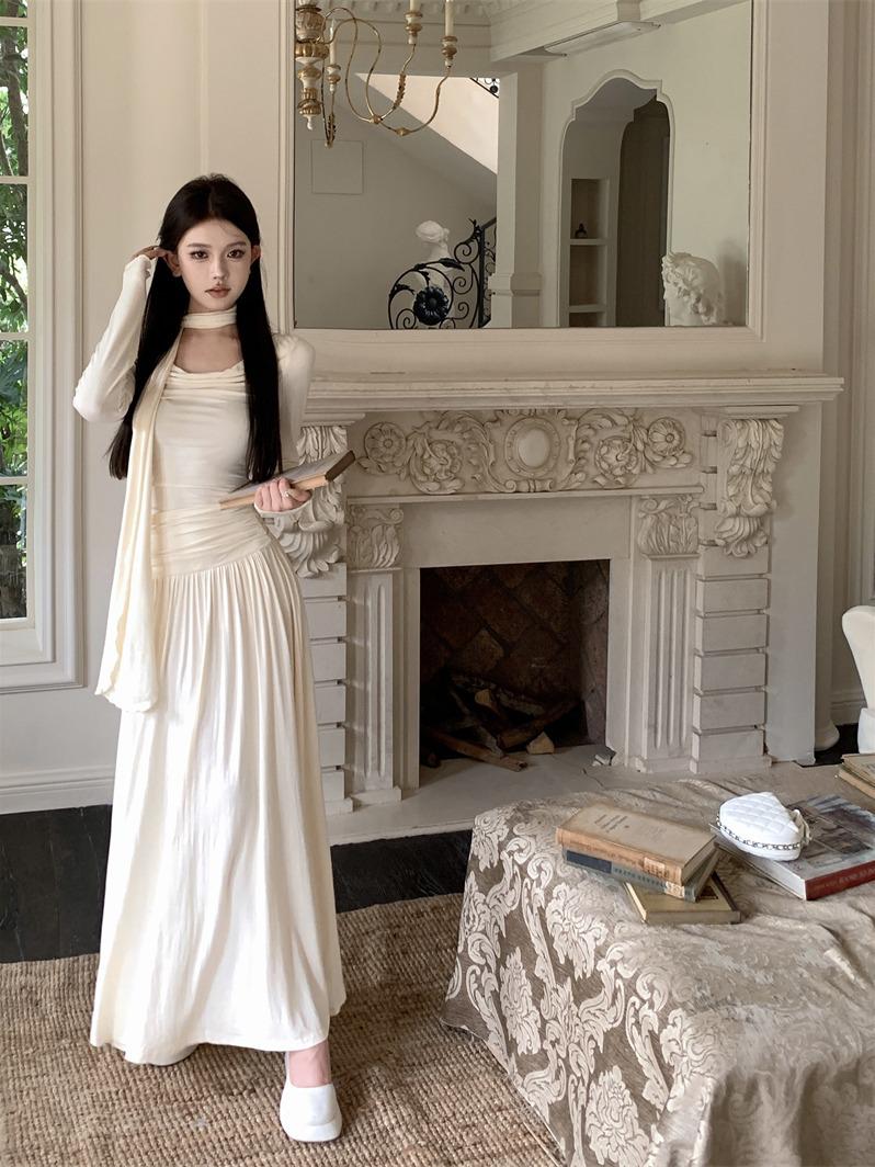 Women s French Style Knit A-Line Dress - Autumn Long Sleeve with Ribbon Waistband S абрикосовый