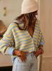 V-neck cardigan sweater women's lazy wind cardigan jacket autumn and winter contrasting color striped loose sweater