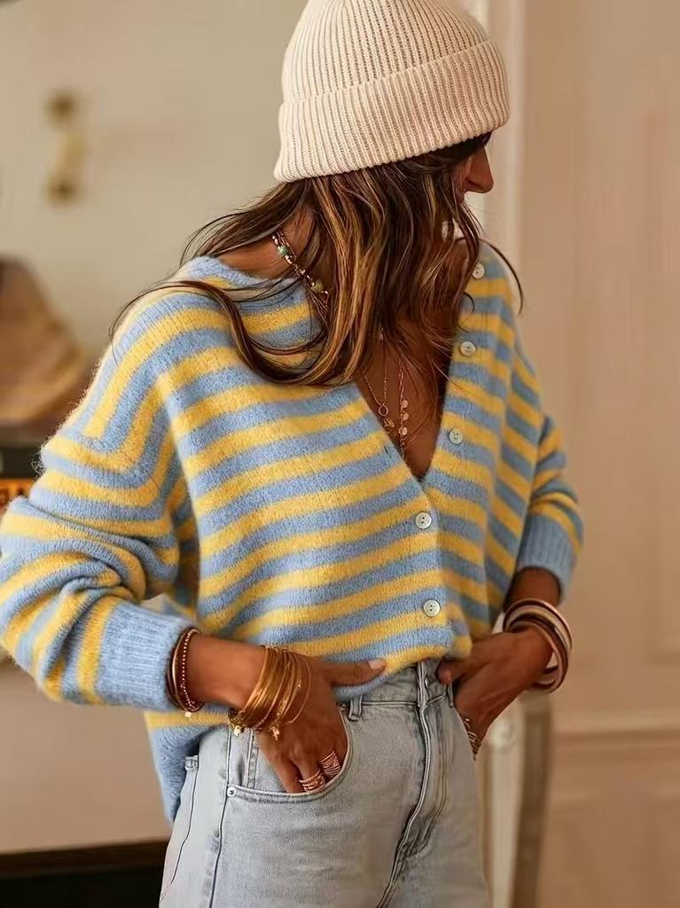 V-neck cardigan sweater women's lazy wind cardigan jacket autumn and winter contrasting color striped loose sweater