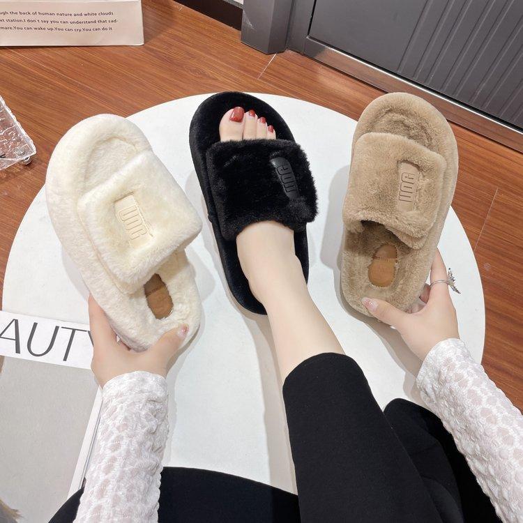 European muffin thick-soled fluffy shoes for women's 2025 autumn and winter new fashionable versatile open-toed cotton slippers one-word drag