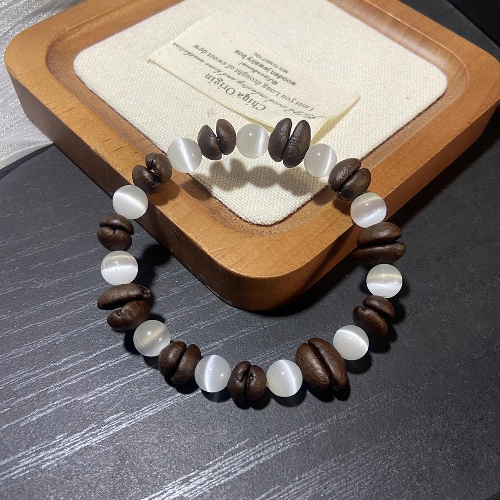 New Chinese-style genuine coffee bean cat's eye stone bracelet for men and women, vintage irregular beaded elastic bracelet for couples