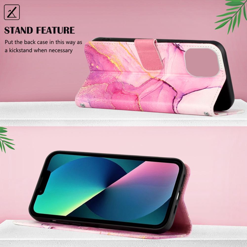 

YB Pattern Printing Leather Series-5 for iPhone 14 6.1 inch Flip Wallet Case Marble Pattern Magnetic Closure Stand Protective Phone Holster with Strap Pink/Purple/Gold 001