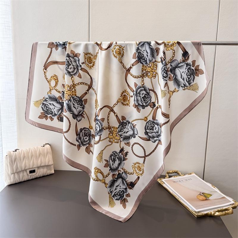 Chain Flower Simulation Silk Printing Large Square Scarf Silk Scarf Shawl Headscarf Beach Scarf Neck Protection Scarf Decorative Women'S Scarf