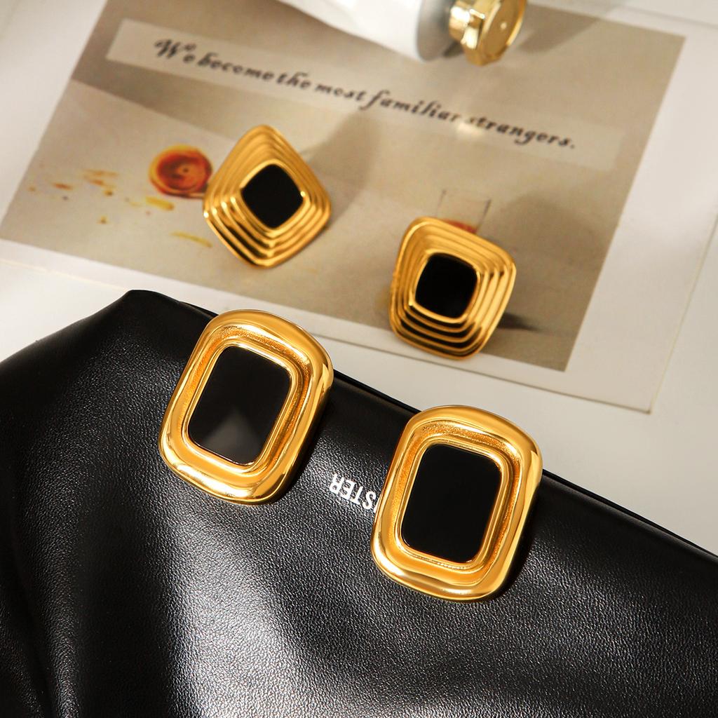 European and American style retro earrings, stainless steel geometric studs, vintage exaggerated black and gold ear jewelry