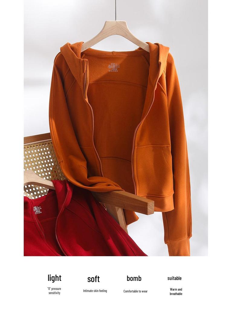 Damska bluza z kapturem zapinana na zamek, podszyta polarem - Ciepły kardigan sportowy z długim rękawem