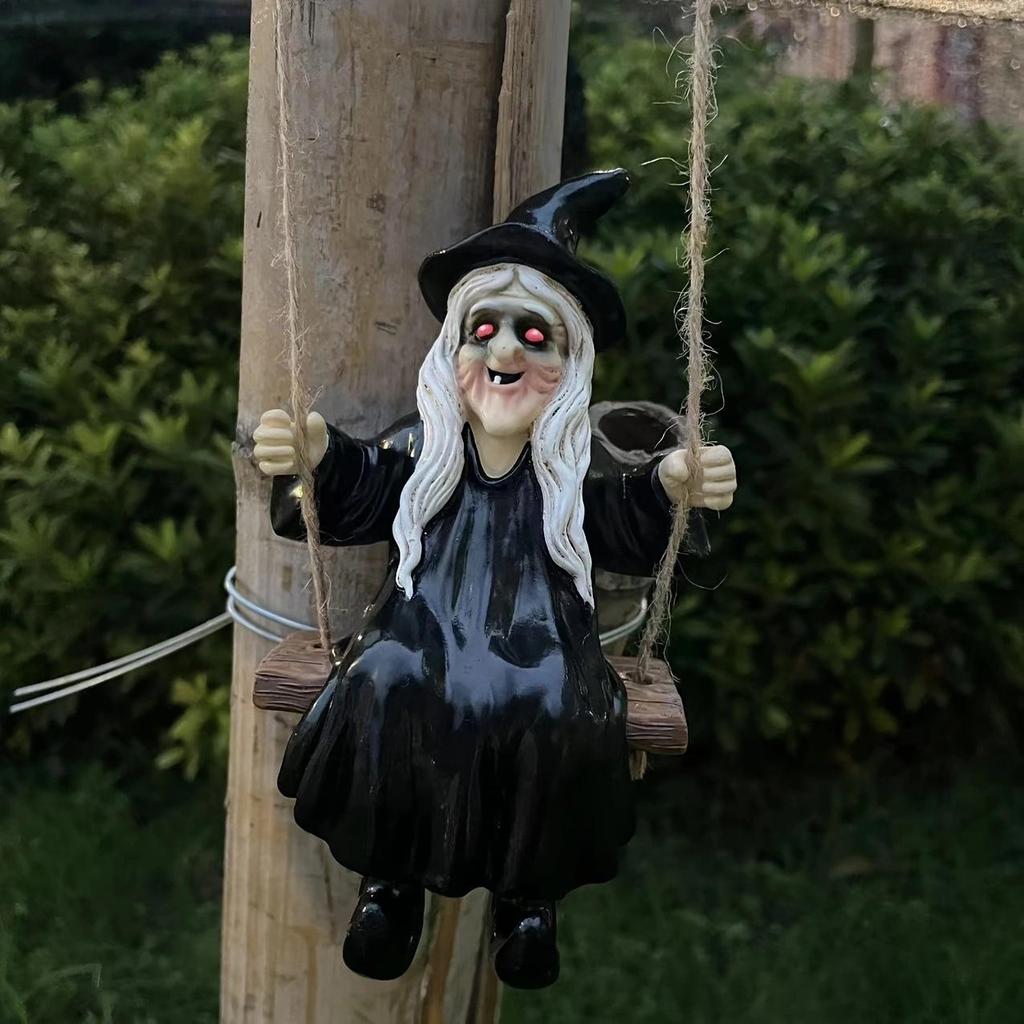 Ghost and Witch Pendant Set: Black-Clad Ghost Swing, White-Clad Ghost with Cat, Purple-Clad Witch for Courtyard & Garden Decor