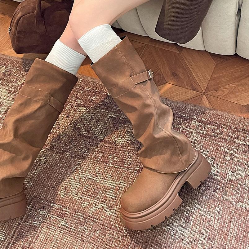 Popular retro Maillard heightened platform boots women's 2025 new summer but knee-thin knight boots