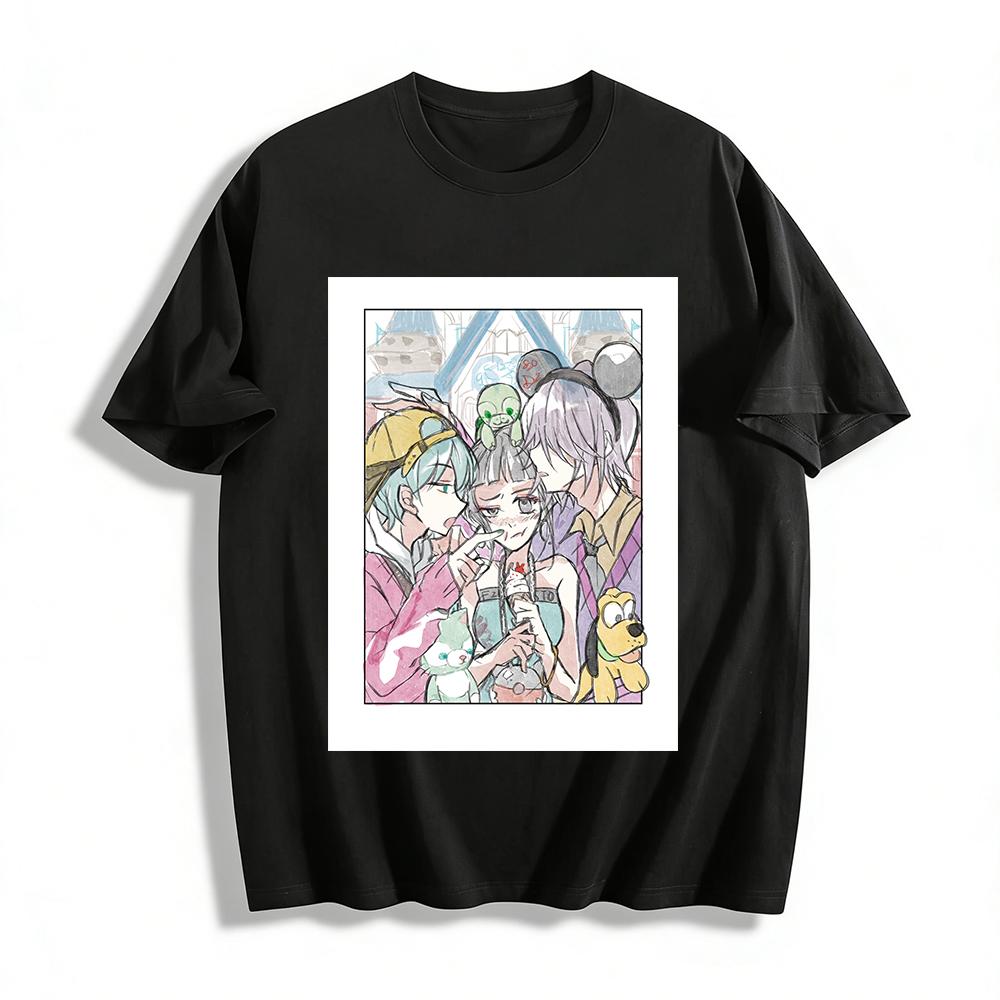 Anime Amusement Park Themed Printed T-shirt Funny Trio Cartoon Pattern Unisex Casual Top Pure cotton T-shirt XXS