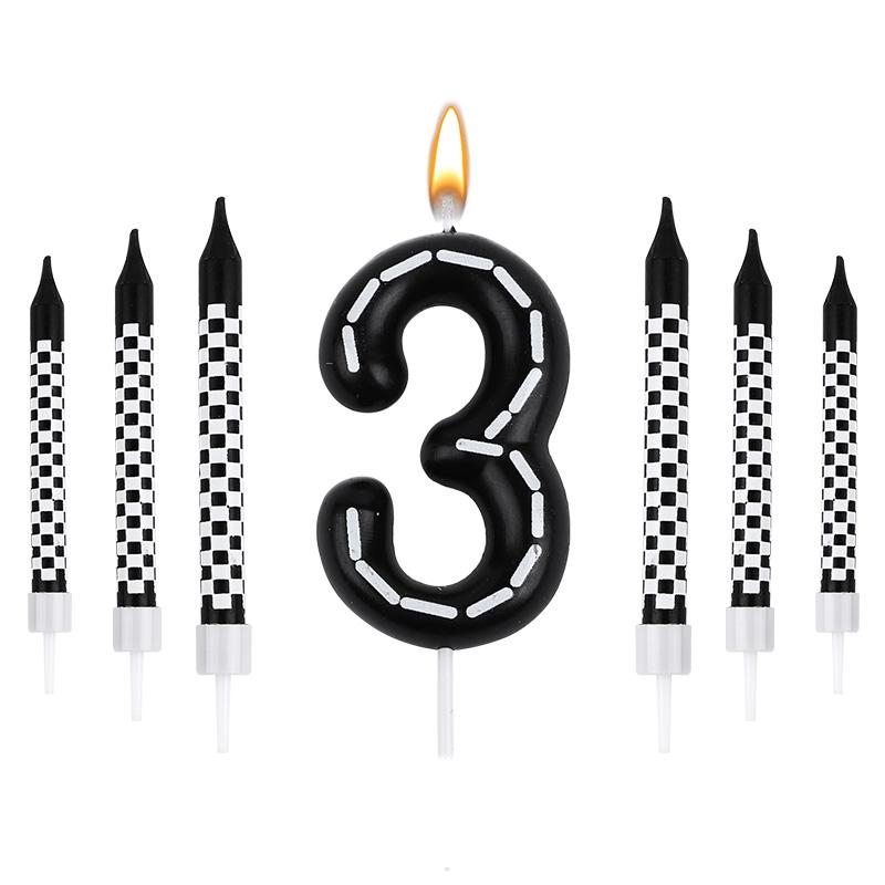 7Pcs Racing Cars Themed Birthday Candles Black White Checkered Number Cake Topper Kids Boys Birthday Party Decoration Supplies