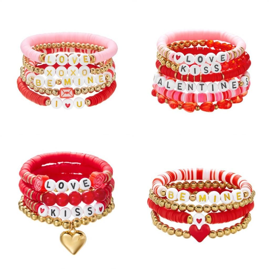 Modisches Armband für Damen mit Herzanhänger, mehrreihig, mit Soft-Clay-Perlen, zum Verschenken