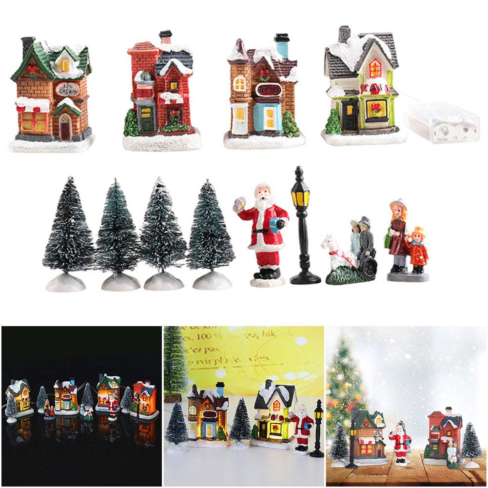 12 Pcs Mini Resin Christmas Winter Village Houses Battery Operated Lighted LED Christmas Miniature Ornament Christmas Theme Gift