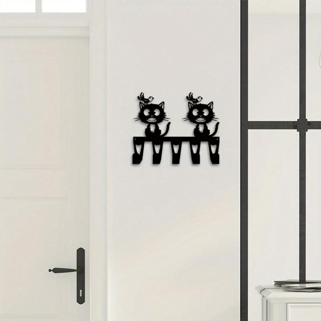Black Cat Bird Key Holder Wall Decor Metal Vintage Key Hanger with 5 Hooks
