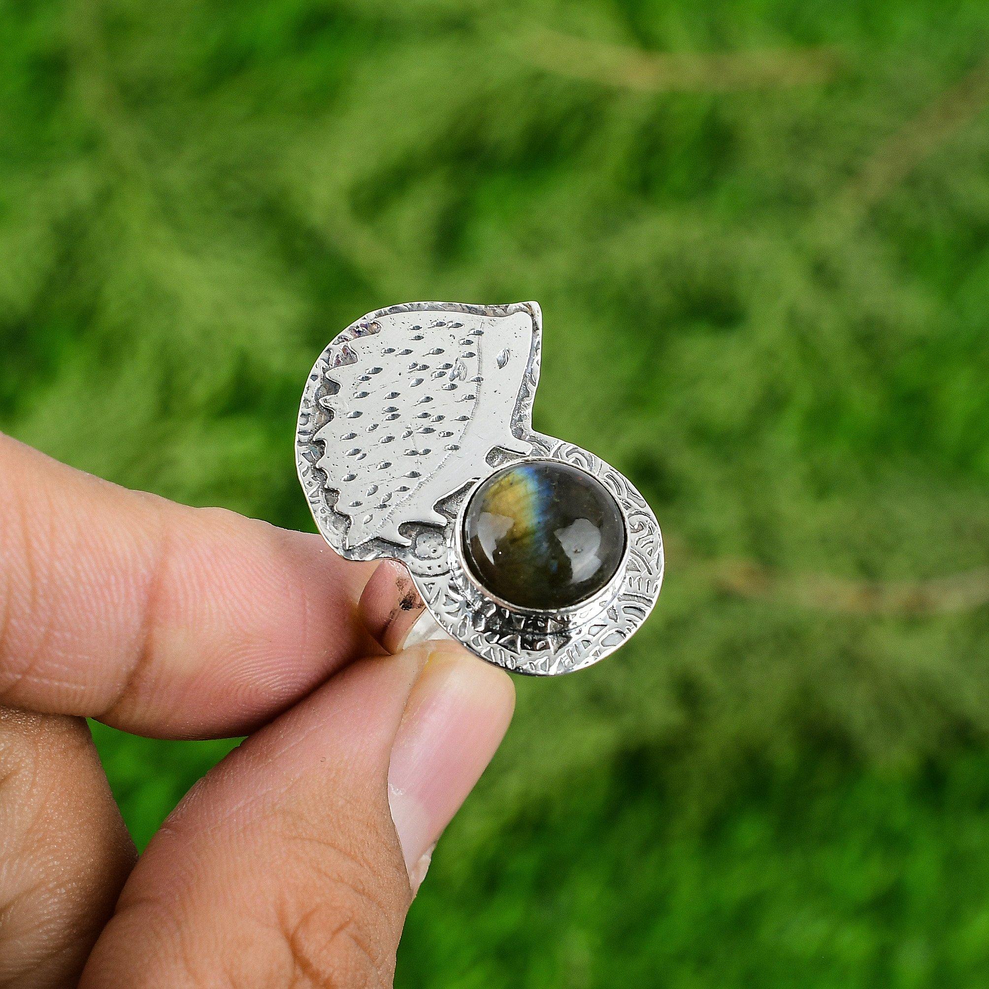 

Round Labradorite Gemstone Third Eye Chakra Bezel Unique Artisan Ring 925 Silver Adjustable