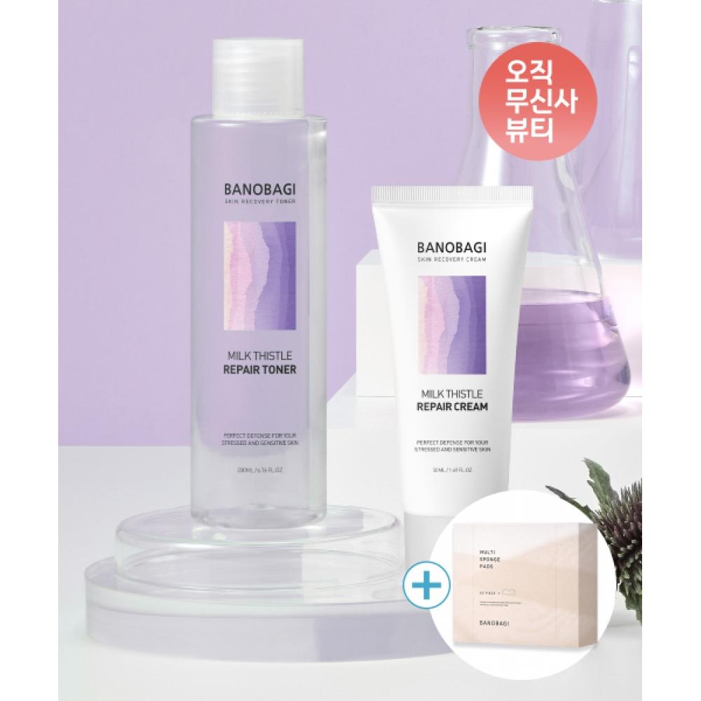 Banobagi Milk Thistle Repair Set Of 2  Toner+cream  +multi Sponge Pad  Cotton Pad  Get 1 Box  60 Sheets NONE