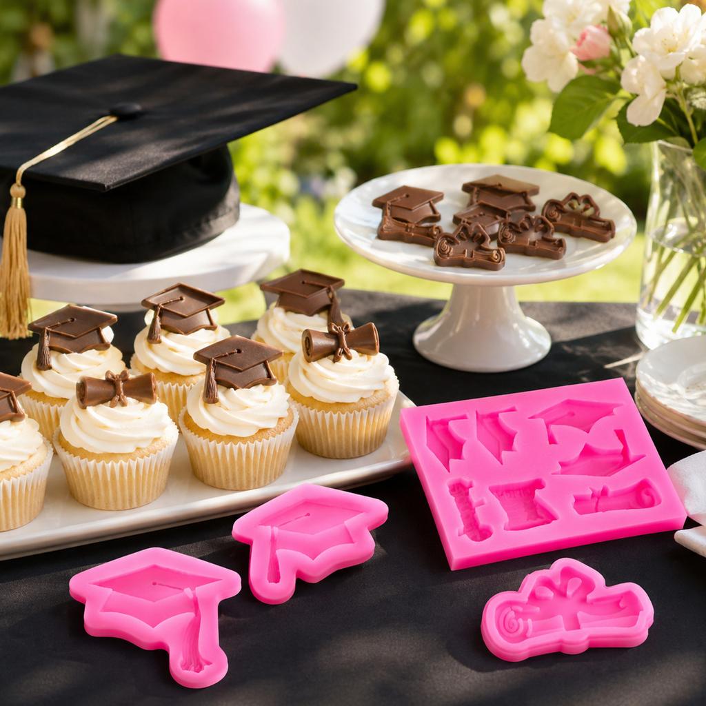 Silicone Graduation Cap Diploma Mold Set for Fondant Cake Chocolate Baking Decoration Tools Flexible Non-Stick Molds for Edible Crafting