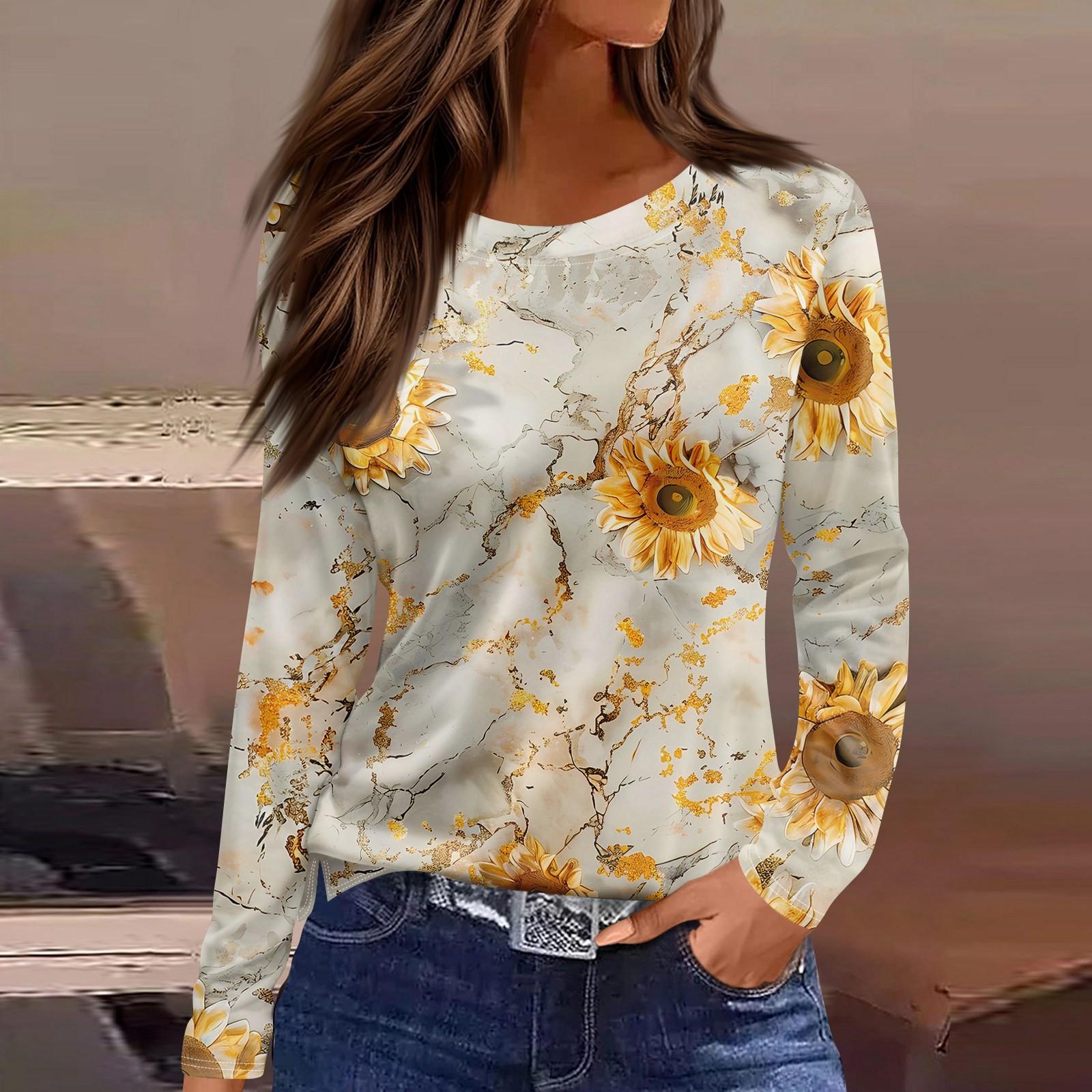 

Женская модная повседневная свободная футболка с принтом и круглым вырезом с разрезом и длинным рукавом, женский топ XL золотой