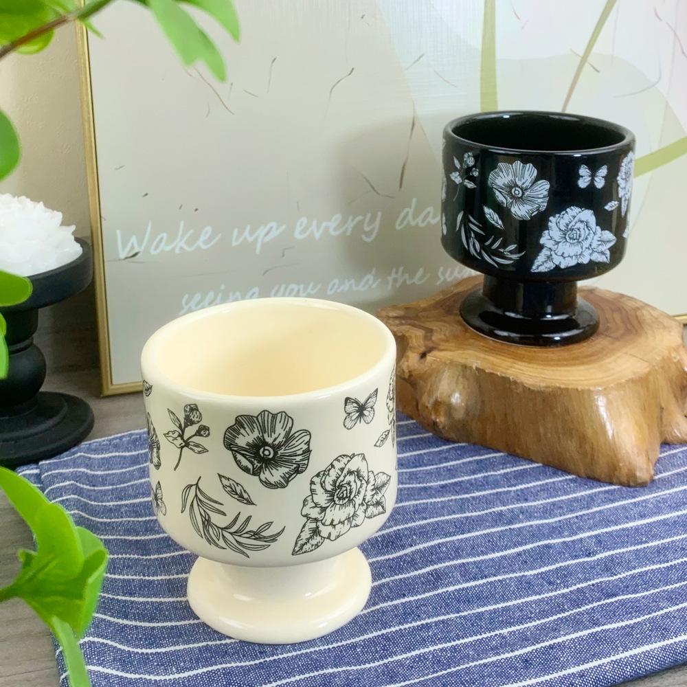 Retro Camellia Black and White Goblet Niche Ceramic Mug Coffee Dessert Water Cup Souvenir Gift Birthday