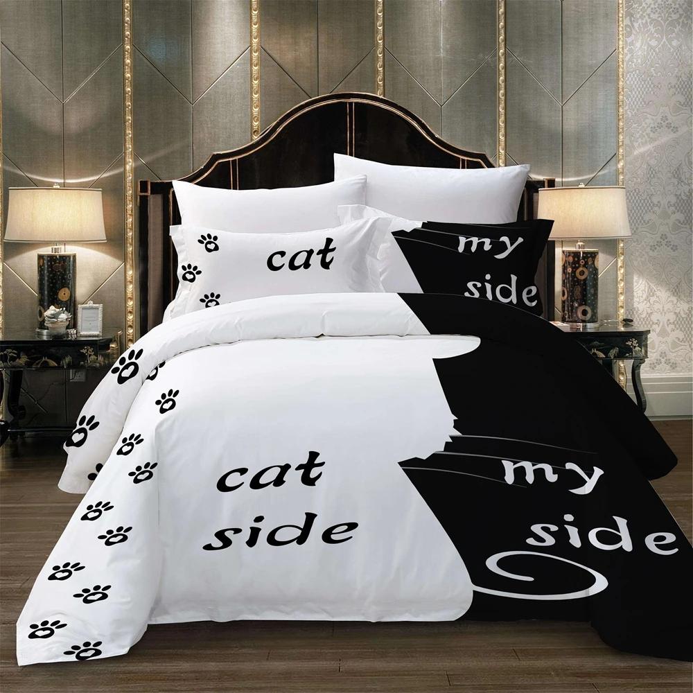 Couples Design Cat Side My Side Beddings 3pc/set Duvet Cover Set Soft Comfortable Bedding Set Black White Comforter Cover Home E