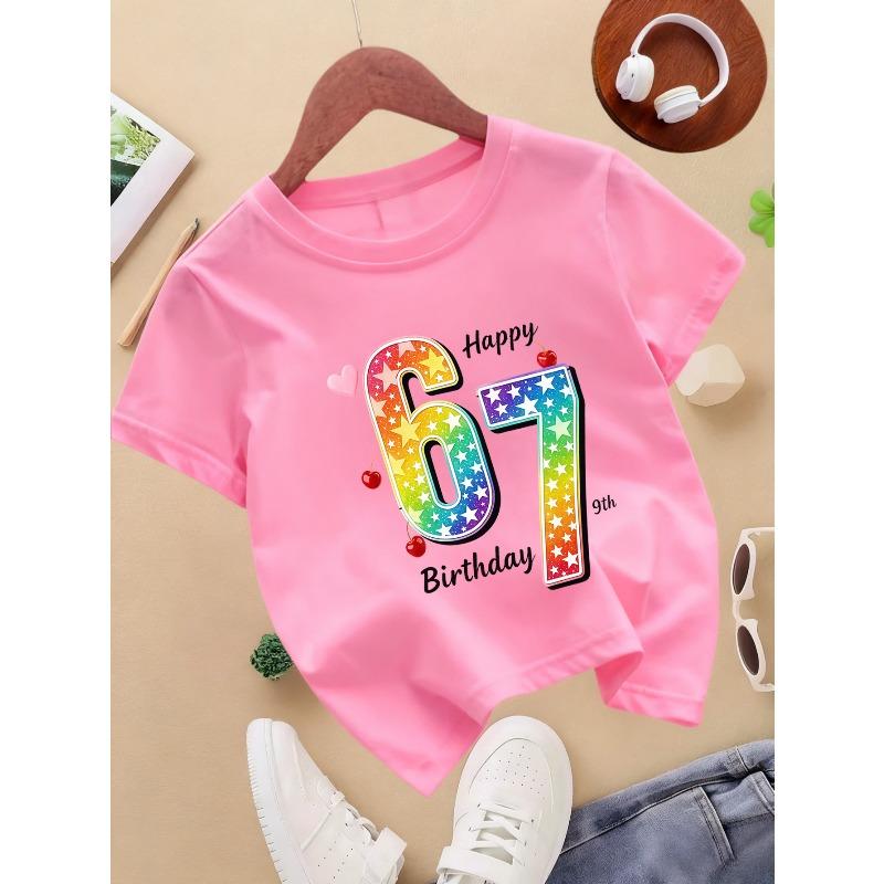 European Sizes 1pc, Summer Casual Girls' Round Neck Short Sleeve T-Shirt, Clothing-Girls' Pullover Top