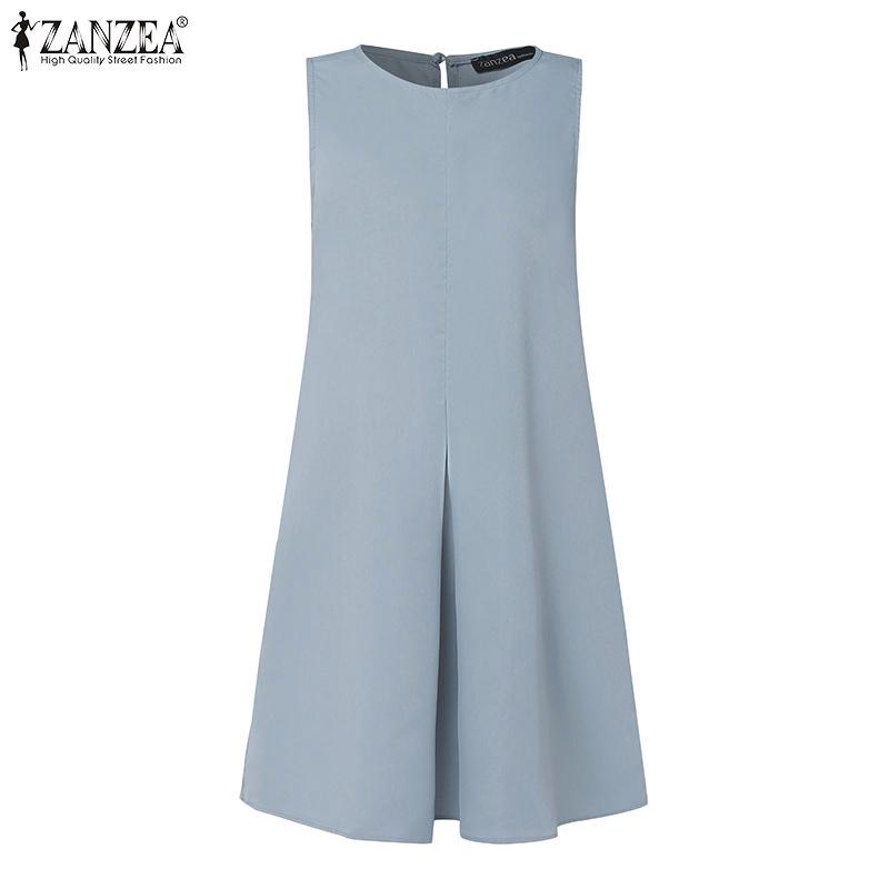 ZANZEA Women Summer Sleeveless Crew Neck Knee Length Dresses