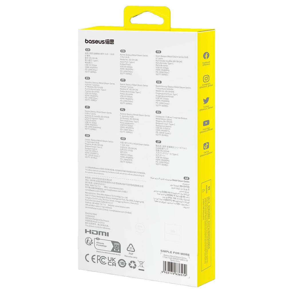 Baseus 7-in-1 Metal Gleam USB-C Hub: Power Delivery, 4K HDMI, USB 3.0 Ports, SD/TF Card Slots – Gray