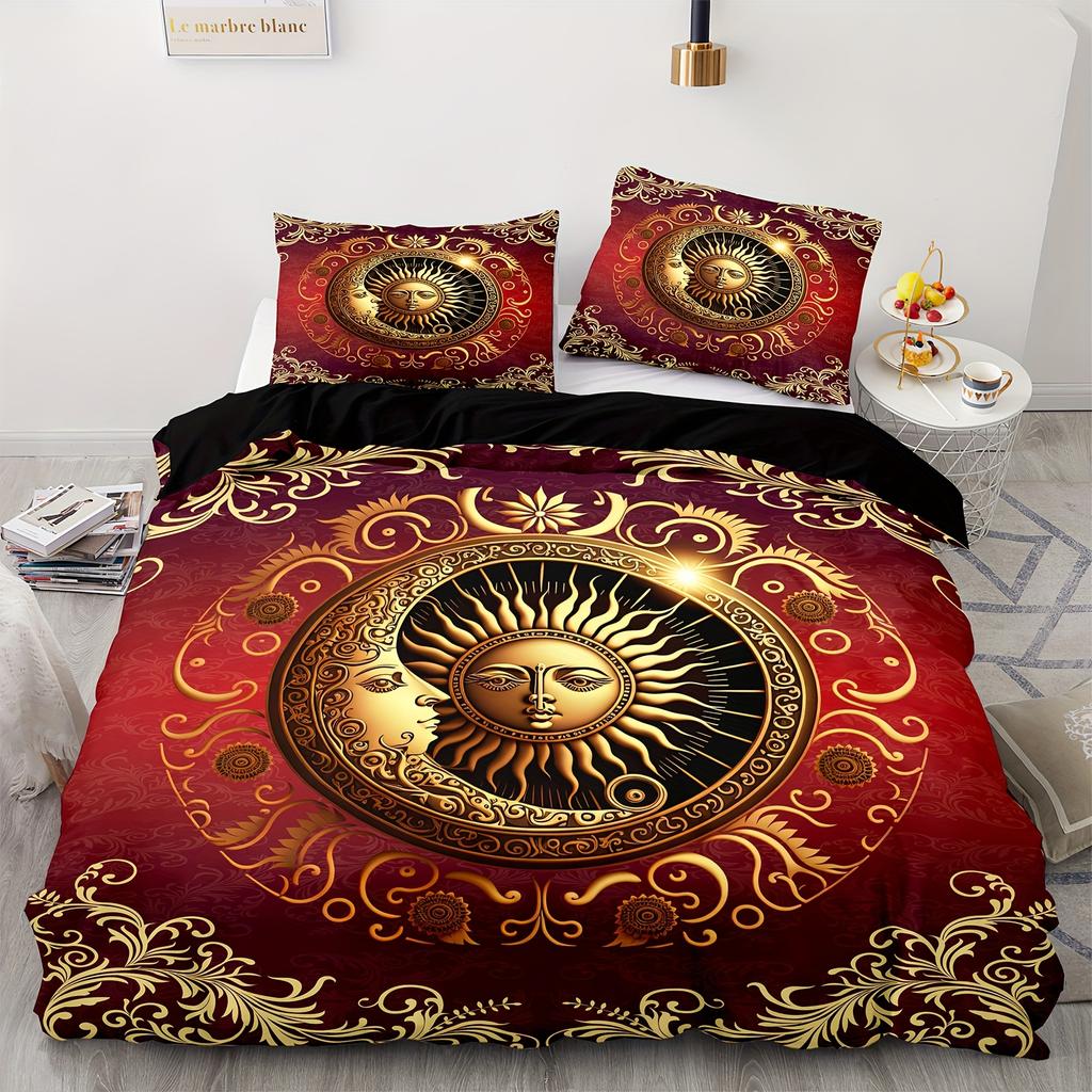 Sun and Moon Pattern Duvet Cover Set, Washable Polyester Soft Comfort Bedroom Guest Room Quilt Cover Set Magical Gifts