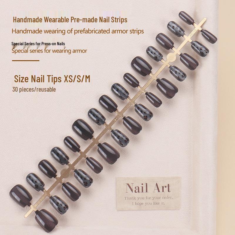 

Высококлассные короткие накладные ногти «кошачий глаз» темно-серого цвета с леопардовым принтом – горячий стиль TikTok Glue Version