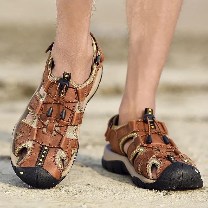 Fashion Summer Men's Casual Sandals Fashion Cow Leather Handmade Casual Shoes Outdoor Walking Sneakers Antiskid Beach Shoes Mocassins