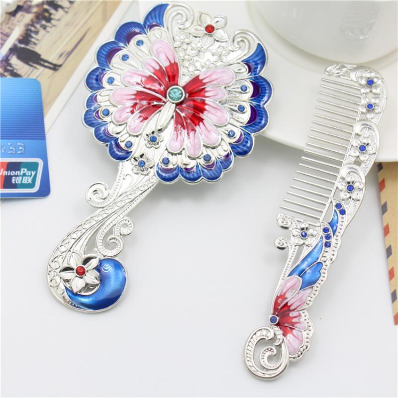 2 Pcs/Set Butterfly Painting Design Vanity Mirror And Comb Set Round Shape Embossed Metal Handheld