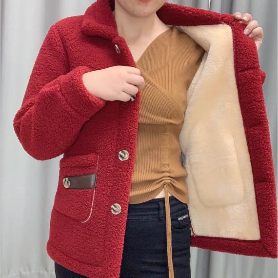 Lambswool Faux Fur Lined Loose Fit Mid-Length Women's Winter Coat, 2025 Autumn/Winter Collection