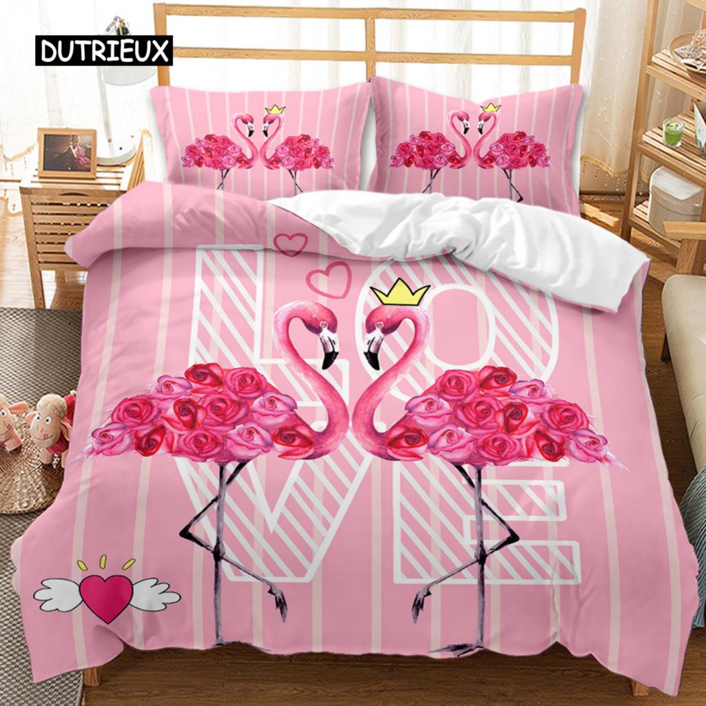 Flamingo Duvet Cover Couple Flamingo Palm Leaf Twin Bedding Set Tropical Botanical Leaves Summer King Size Polyester Quilt Cover
