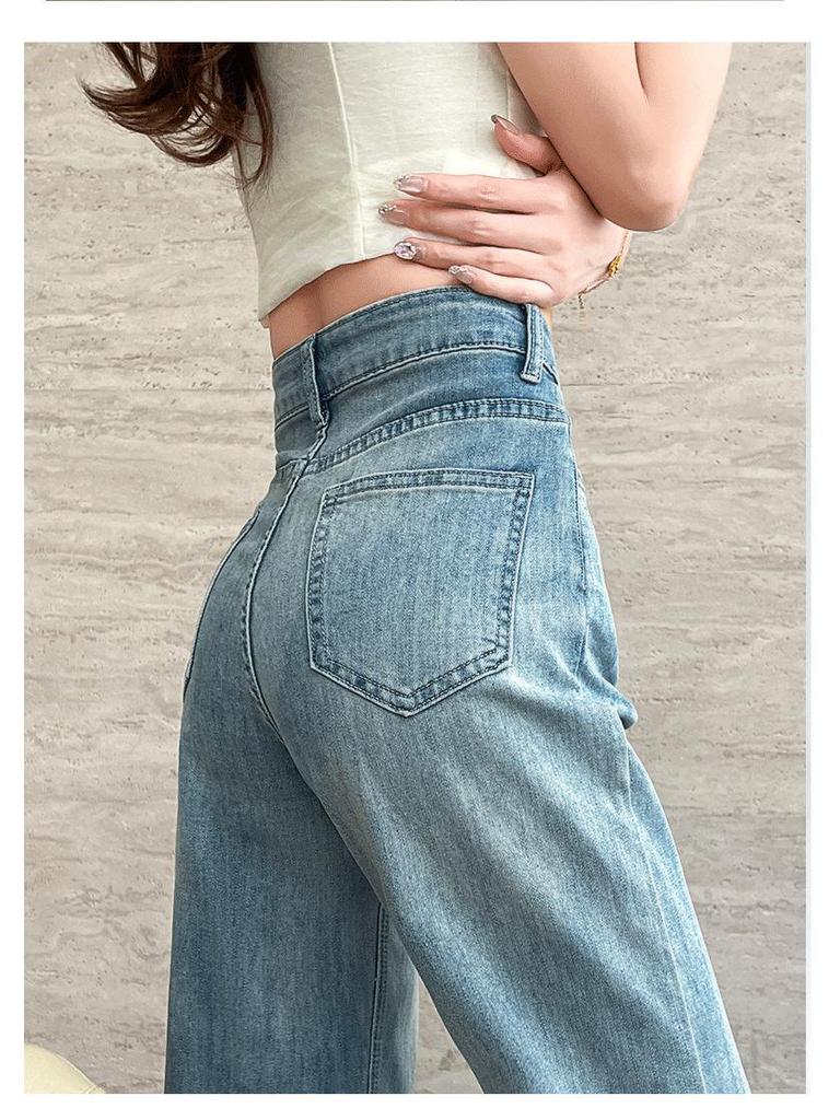 Women's Lace Patchwork High-Waist Wide-Leg Denim Pants - Spring/Autumn Cropped Style